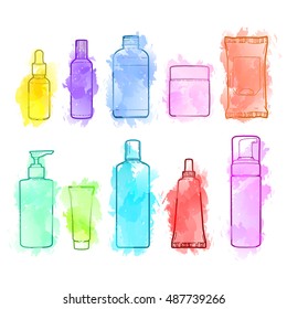 Set of hand drawn of cosmetics for skin care. Doodles of cosmetic bottles and package. Bottles for shampoo, creams, tonic.  Sketch cosmetic with watercolor texture. Vector.