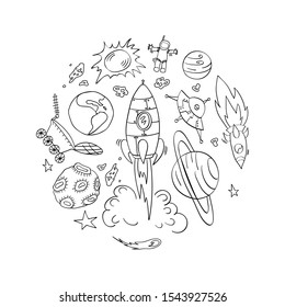 Set of hand drawn cosmic elements. Black doodles in circle shape on white background. Vector illustartion.