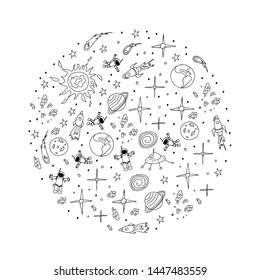 Set of hand drawn cosmic objects in circle frame. Doodle vector illustration. Black cartoon drawings on white background.