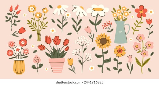 Set von Hand gezeichnete Cottage Core Blumen. Tulpe, Sonnenblume, Gänseblümchen, Kamille, Blumentöpfe Dekor. Botanische Illustrationen im Frühling und Sommer. Gartenpflanzen Vektor-Design