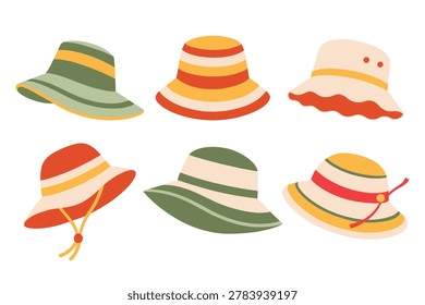 Set of hand drawn cotton bucket hats and sun hats. Illustration of trendy summer headwear.