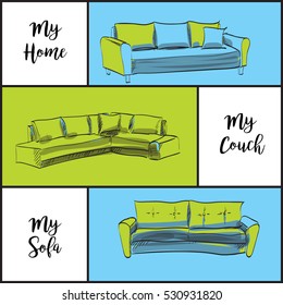 Set Of Hand Drawn Couch. Vector Sketch. Furniture Set. Interior Detail Color Outline Collection. Blue And Green. 