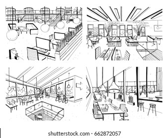 Set Of Hand Drawn Coworking. Modern Office Interiors, Open Space. Workspace With Computers, Laptops, Lighting And Place For Rest. Black And White Horizontal Vector Sketch Illustration.