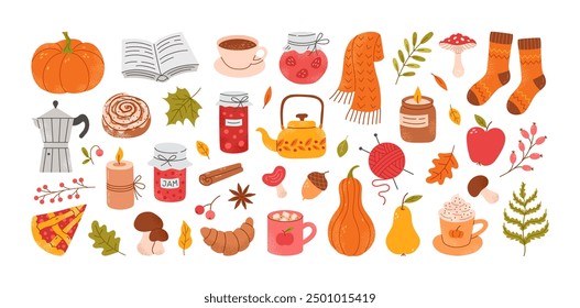 Set of hand drawn cozy autumn elements. Cute scarf, candles, hot cocoa, cup, pie, pumpkin spice latte, mug, jam, leaves, mushrooms. Fall stickers. Vector flat illustration.