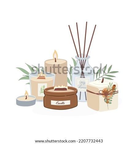 Set of hand drawn cozy scented candles and diffuser isolated on white background. Trendy aromatherapy, aroma sticks cartoon vector illustration. 