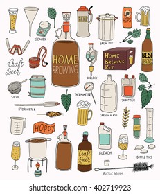 The set of hand drawn craft beer and home brewing elements for your design. Vector illustrations for print and web design projects.