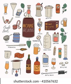 The set of hand drawn craft beer and home brewing elements for your design. Vector illustrations for print and web design projects.