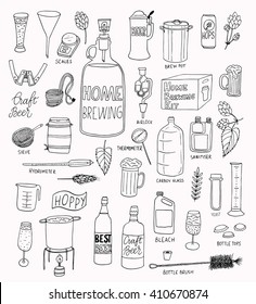 The set of hand drawn craft beer and home brewing elements for your design. Vector illustrations for print and web design projects.
