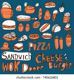 Set of hand drawn craft vintage retro fast food street food hipster  elements