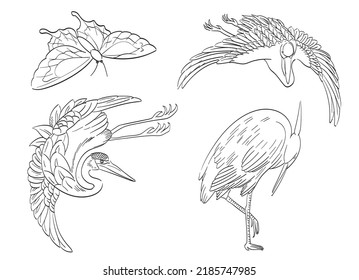 Set of hand drawn crane bird and butterfly with Japanese pattern vector. Oriental decoration with logo design, flyer or presentation in vintage style. Animal element.