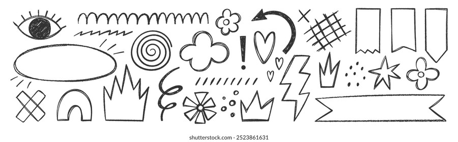 Set of hand drawn crayon or charcoal doodle shapes and squiggles. Grunge flowers, heart, eye and star. Comic vector illustration.