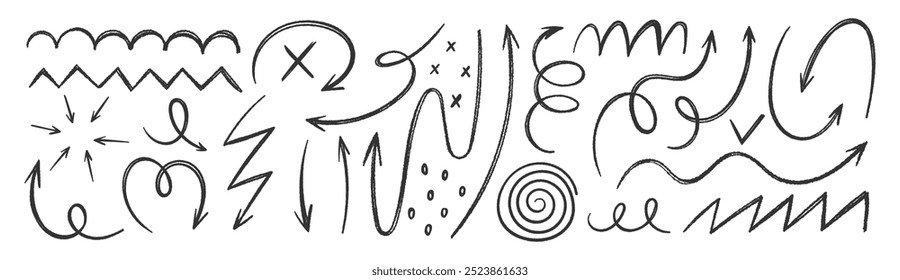 Set of hand drawn crayon or charcoal arrows and squiggles. Grunge scribble and mark. Comic vector illustration.