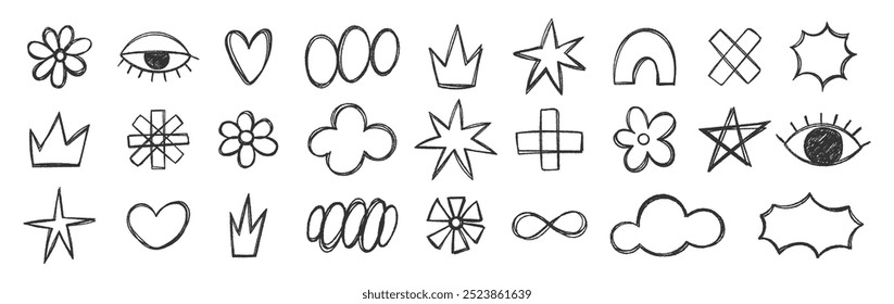 Set of hand drawn crayon or charcoal doodle shapes and squiggles. Grunge flowers, heart, eye and star. Comic vector illustration.