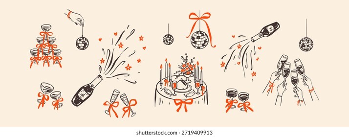 Set von handgezeichneten Buntstiften Doodle skurrile Design-Elemente, Symbole, Illustrationen für Hochzeit, Bachelorette, Geburtstagsparty Einladungen. Champagner-Pop-Flasche, Cocktailglas-Turm mit Coquette-Bogen