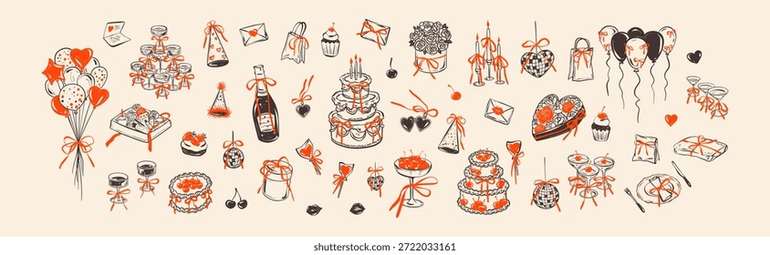Conjunto de Elementos de diseño de cumpleaños de niña de coqueta de doodle de crayón dibujado a mano. Lindo fondo femenino para cumpleaños, día de San Valentín, despedida de soltera, boda, diseños de ducha de novia. Pastel de cereza con arco
