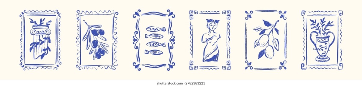 Set of hand drawn crayon doodle greek summer vacation postage stamps. Greece, Mykonos, Santorini coastal pencil drawing posters. Mediterranean museum design. Ancient Greek statue, column, vase