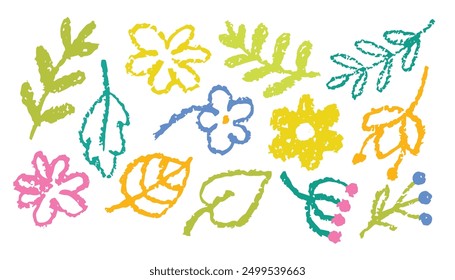 Set with hand drawn crayon doodles with plants, flowers and leaves. Colorful childish scribbles. Floral vector illustrations, isolated on white background