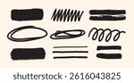Set of Hand Drawn Crayon Scribbles. Underlines, Swirls, Ovals, Ink Blobs and Dry Marker Strokes with Rough Texture. Doodle Design Elements for Highlight or Frame. Vector Illustration