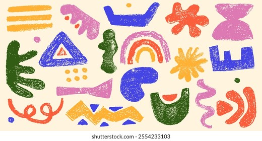 Set of hand drawn crayon shapes and forms. Childish crayon elements. Doodle geometric crayon shapes in retro style.