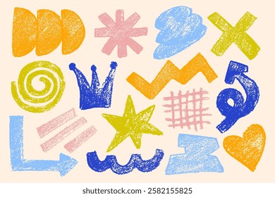 Set of hand drawn crayon shapes and forms. Childish crayon elements. Doodle geometric crayon shapes in retro style.	