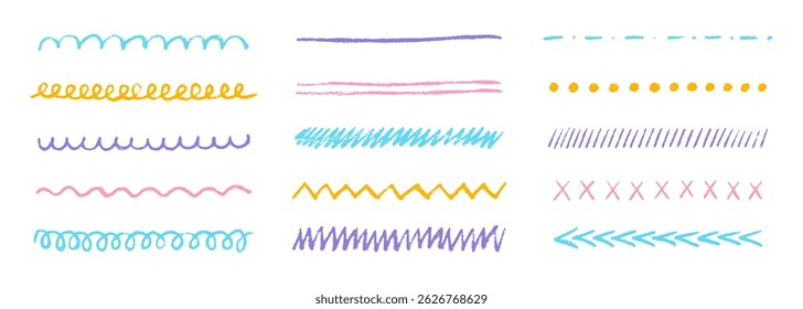 Set hand drawn crayon stripes and pencil underlines doodle, chalk scribbles, charcoal strikes for notes. Grunge texture. Collection of squiggly, wavy, zigzag lines. Vector illustration