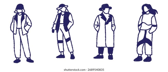 Set of hand drawn crayon style doodle young men and women illustrations