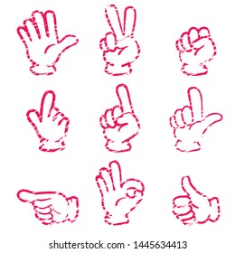 Set of hand drawn, crayon touch hand illustrations. Pose of Janken, OK sign,red