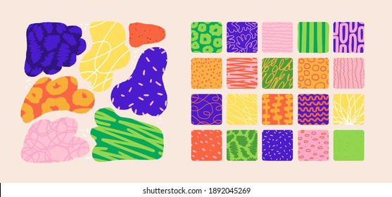 Set of hand drawn Crazy Shapes and Doodle textures in bold colors. Trendy contemporary paper cut patterns. Vector backgrounds for branding projects, packaging, fashion apparel, posters, banners.