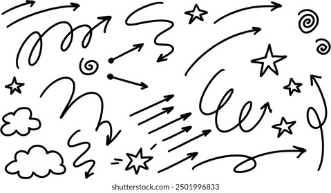 set of hand drawn creative arrows, stars and other elements