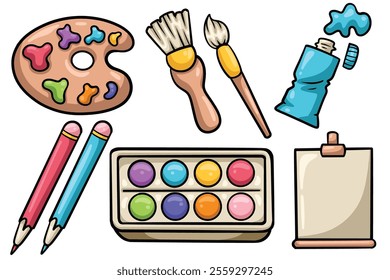 Set of Hand drawn creative and art element. collection of watercolor, pain brush, pencil, paper Isolated Vector