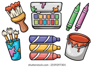 Set of Hand drawn creative and art element. collection of brush, watercolor, marker, crayons, paint pot Isolated Vector