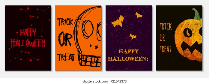 Set of hand drawn creative cards for Halloween holidays. Goods for Invitation, flyer, party poster. Vector illustration.