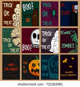 Set of hand drawn creative cards for Halloween holidays. Goods for Invitation, flyer, party poster. Vector illustration.