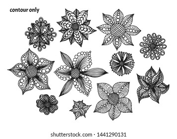 Set of hand drawn creative fantasy flowers with pearls or beads (black contour only, no white fill) in doodle style. Isolated vector illustration on white background