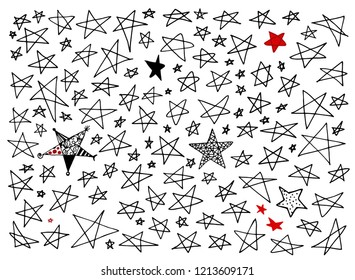 Set of Hand Drawn Creative Vector Star Icons Isolated on White Background. Favorite Vector Symbol or Button Elements Sketched Doodle Silhouettes