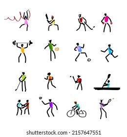 Set of hand drawn creativity about various sports players isolated on white background. Vector illustration of sports activities with abstract line art design.