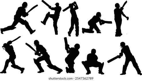 Set hand drawn cricket player pose silhouette illustration