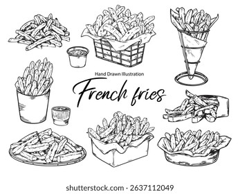 Set of Hand Drawn Crispy French Fries Outline Drawing Illustration