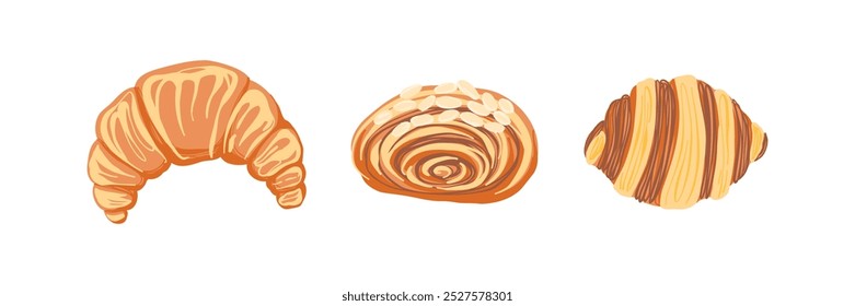 Conjunto de croissant dibujado a mano. Comida, dulces, pasteles. Ilustración vectorial en estilo plano.