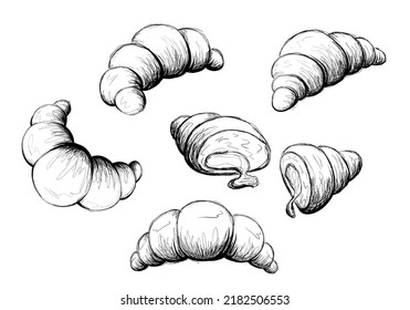 Set of hand drawn croissants. Sketch illustration. Fresh bakery. Croissant cut in half with cream. Hand-drawn bake. Doodle. Isolated on white background.