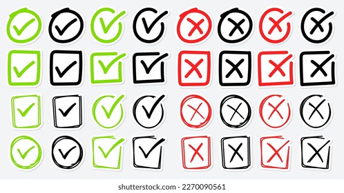 Set of hand drawn Cross Mark and Check Mark