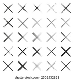 Set of hand drawn crosses. Various X marks in black and white. Abstract vector art.