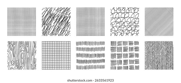 Set of hand drawn crosshatch textures - various pencil shading techniques creating patterns, abstract shapes, curved lines and scribbles. Monochrome sketch style graphic design elements collection.