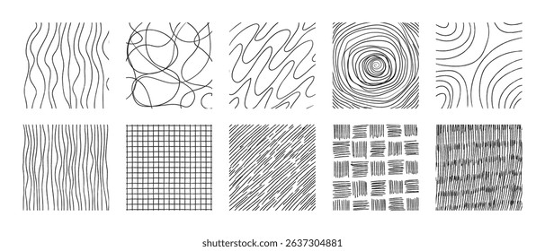 Set of hand drawn crosshatch textures - various pencil shading techniques creating patterns, abstract shapes, curved lines and scribbles. Monochrome sketch style graphic design elements collection.
