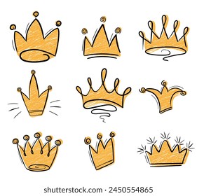 Set of hand drawn crown in brush stroke texture paint style.Crown doodle icon. Vector illustration