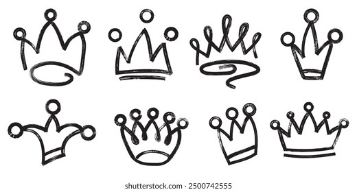 Set of hand drawn crown in brush stroke texture paint style.Crown doodle icon. Vector marker drawing illustration