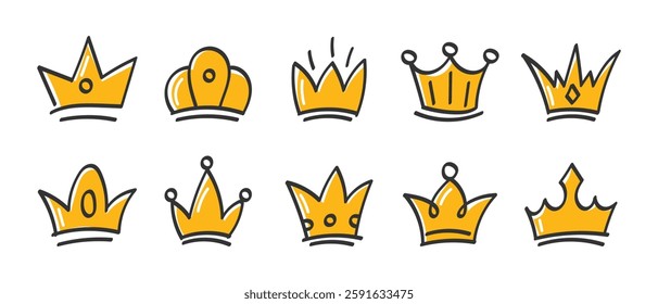 Set of hand drawn crown icons. Doodle crown collection. Yellow crown sketch. Queen or king crowns. Illustration.