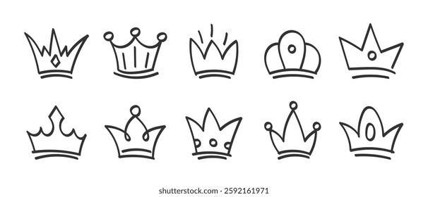 Set of hand drawn crown icons. Doodle crown collection. Queen or king crowns sketch. Illustration.