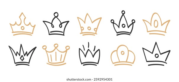 Set of hand drawn crown icons. Doodle crowns collection. Queen or king crowns sketch. Illustration.