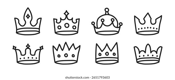 Set of hand drawn crowns. Crowns in doodle style. Vector